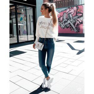 NWT Calvin Klein Jeans cream beige sweatshirt with gold sequin logo branding, M